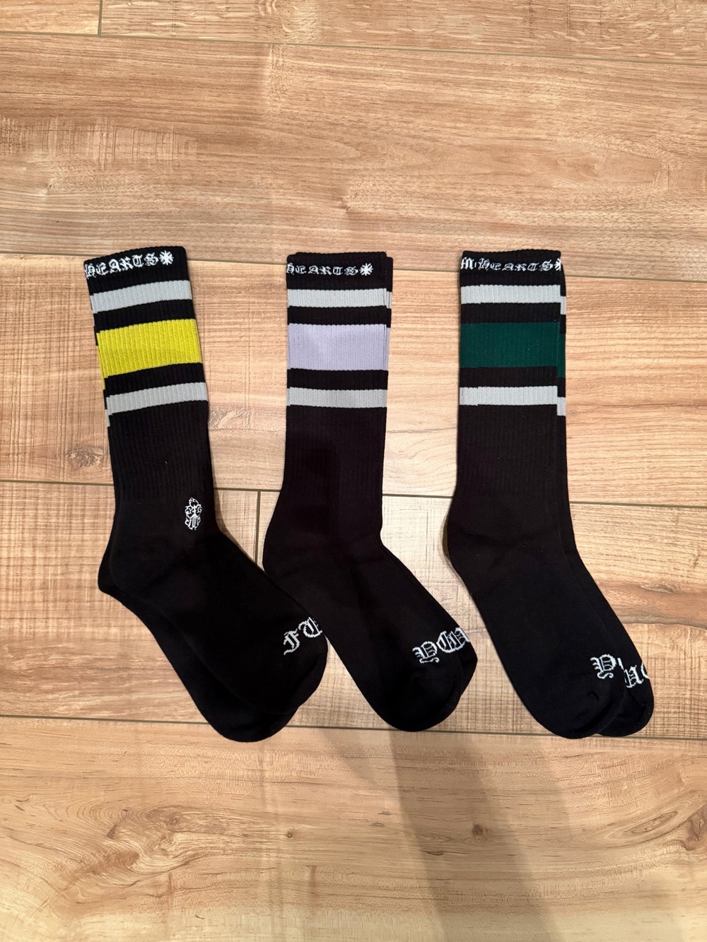 Chrome Hearts Black Athletic Crew Socks with Yellow, White, and Green Accents